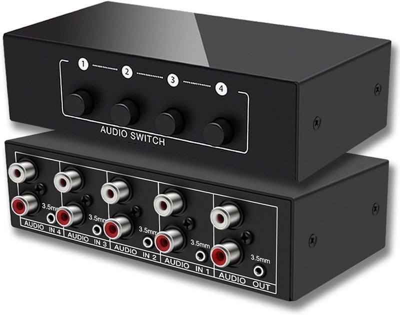 FlyroadUp 3.5mm Aux + RCA L/R Bi-Directional Stereo Audio Switch 4 in 1 Out A/B Analog Audio Switcher Selector - Image 1